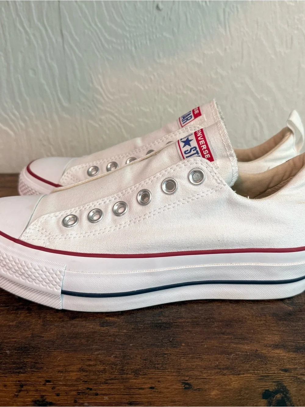 Converse White Slip-On Low Top Sneakers with Red & Navy Trim - Picture 3 of 5